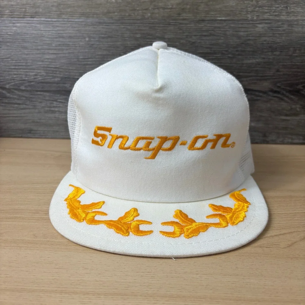 VINTAGE Snap On‎ Hat Cap Snap Back White Yellow Tools Trucker Mesh K Prodcuts